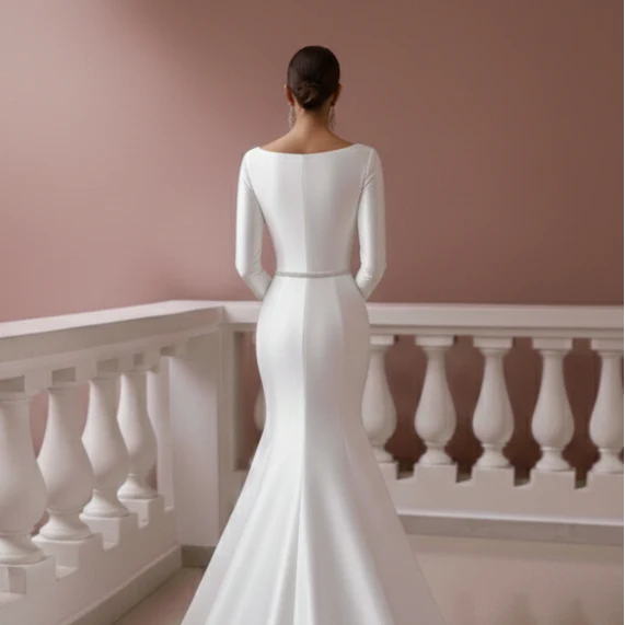 Formal Satin Wedding Dress With Pockets Long Boat Neck Bridal - Image 5