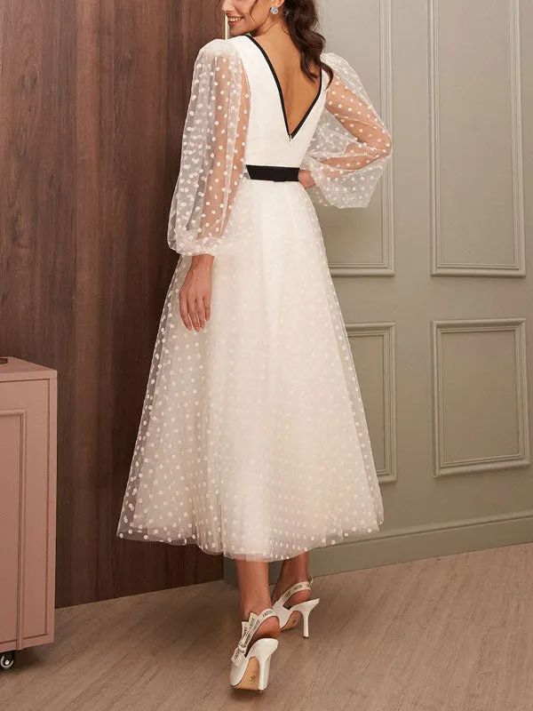 Long Puff Sleeve Midi Prom Dresses Polka Dots Ivory Black Evening Party Dress Tea- Length Formal Wedding Prom Gowns - Image 3