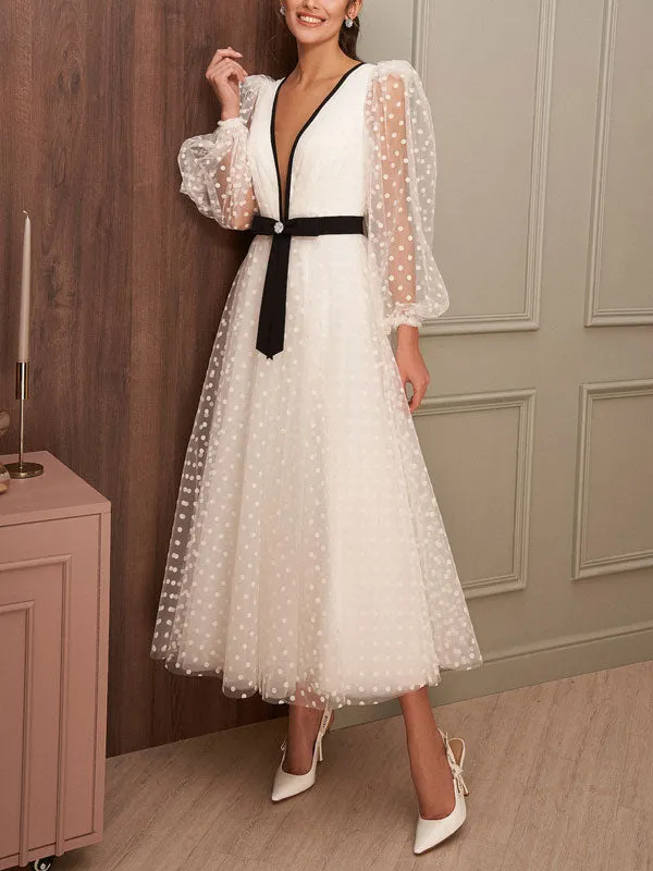 Long Puff Sleeve Midi Prom Dresses Polka Dots Ivory Black Evening Party Dress Tea- Length Formal Wedding Prom Gowns - Image 4