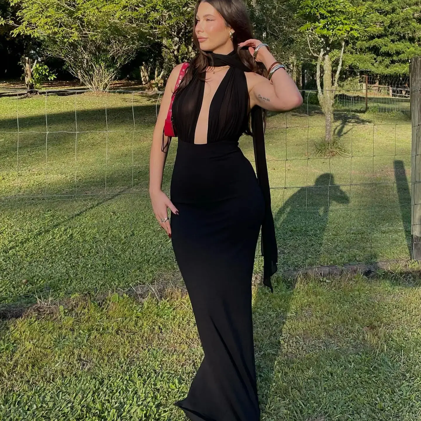 Long Ribbon Sexy V-Neck Sleeveless Halter Black Mini Ankle length Woman Birthday Party Dress Celebrity Evening Party Outfit