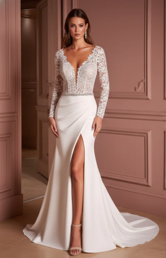 Simple Slit Wedding Dress Deep V-Neck Sleeveless Long Bridal - Image 2