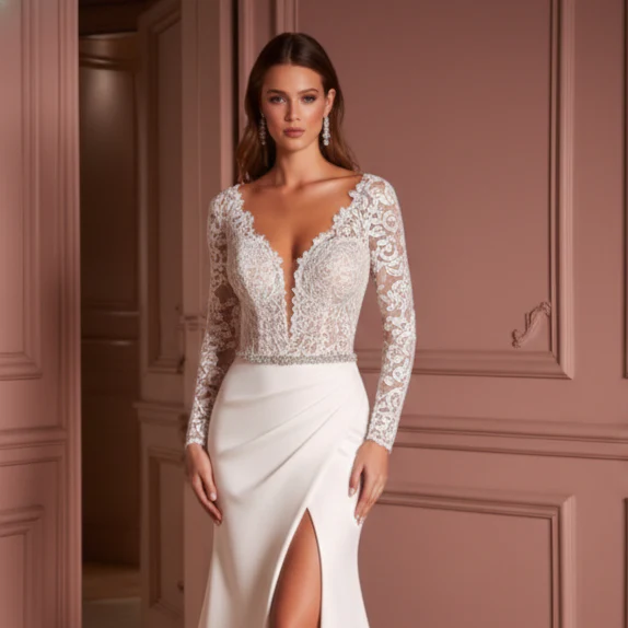 Simple Slit Wedding Dress Deep V-Neck Sleeveless Long Bridal - Image 4