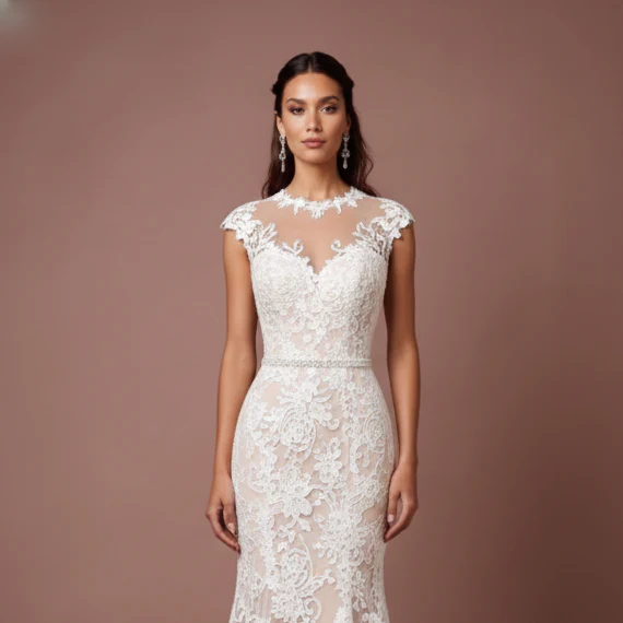 Cap Sleeve Wedding Dress Embroidered Long Scalloped Edge - Image 4