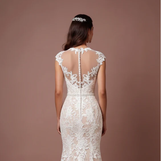 Cap Sleeve Wedding Dress Embroidered Long Scalloped Edge - Image 5