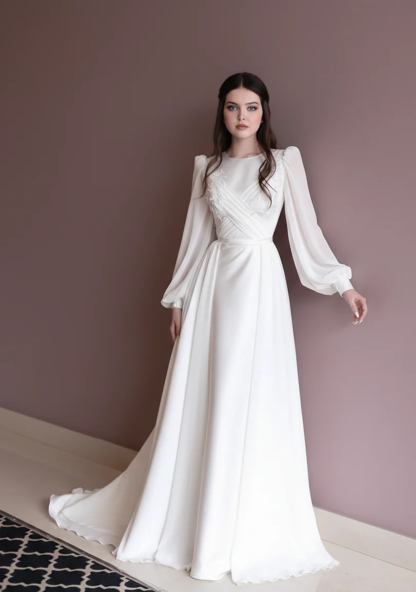 Modest Plain Puffy Wedding Dress Muslim Tulle Layered Classic Gown - Image 2
