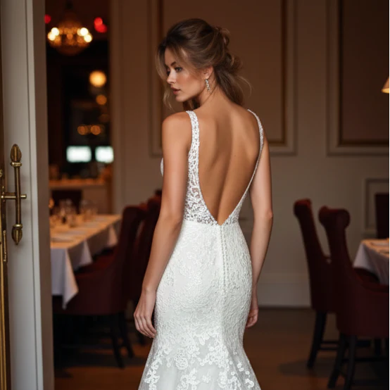 Keyhole Back Sleeve Wedding Dress Long Lace Detail Elegant - Image 5