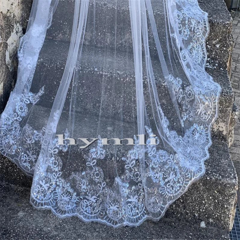 Long Veil One Layer Lace with Sparkling Sequins Bridal Veil Tulle Wedding Veil in White , Off-White , Ivory ,Black - Image 3