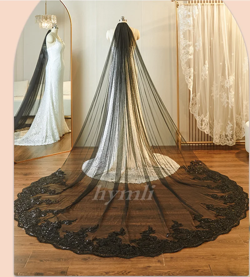 Long Veil One Layer Lace with Sparkling Sequins Bridal Veil Tulle Wedding Veil in White , Off-White , Ivory ,Black - Image 5