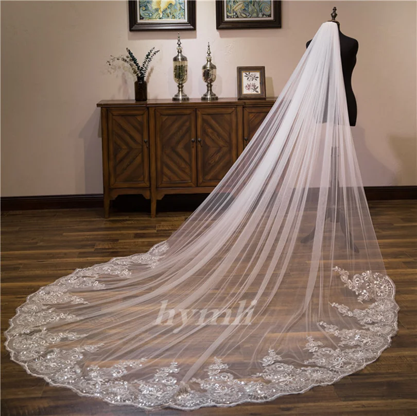 Long Veil One Layer Lace with Sparkling Sequins Bridal Veil Tulle Wedding Veil in White , Off-White , Ivory ,Black - Image 7