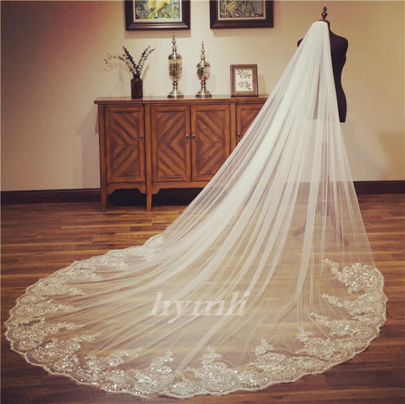 Long Veil One Layer Lace with Sparkling Sequins Bridal Veil Tulle Wedding Veil in White , Off-White , Ivory ,Black - Image 8
