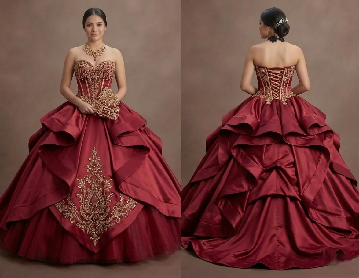 Luxurious Satin Red Quinceañera Gown with Corset Back