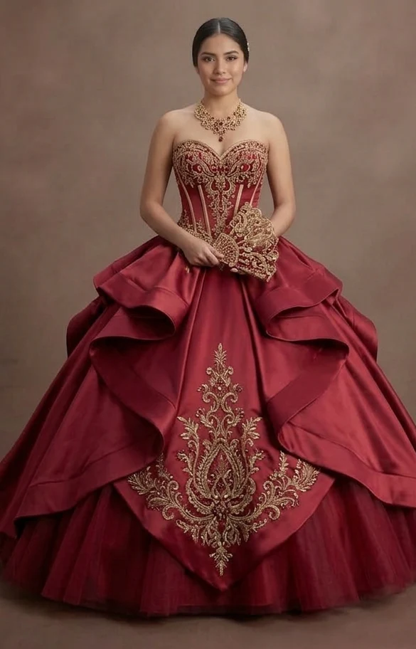 Luxurious Satin Red Quinceañera Gown with Corset Back - Image 2