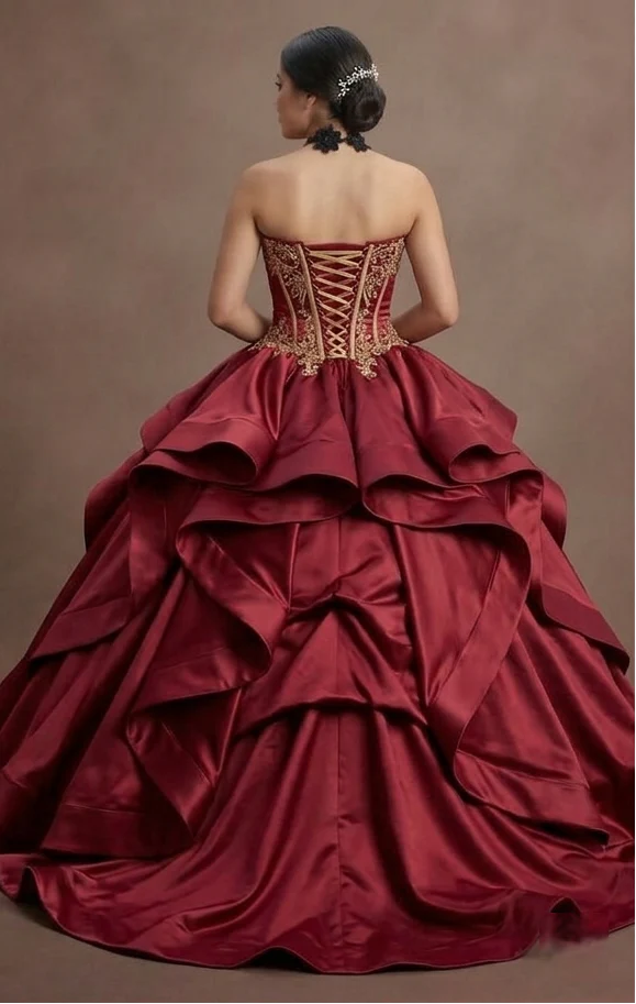 Luxurious Satin Red Quinceañera Gown with Corset Back - Image 3