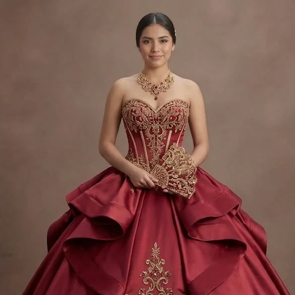 Luxurious Satin Red Quinceañera Gown with Corset Back - Image 4