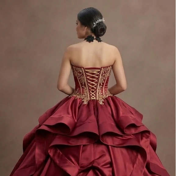 Luxurious Satin Red Quinceañera Gown with Corset Back - Image 5