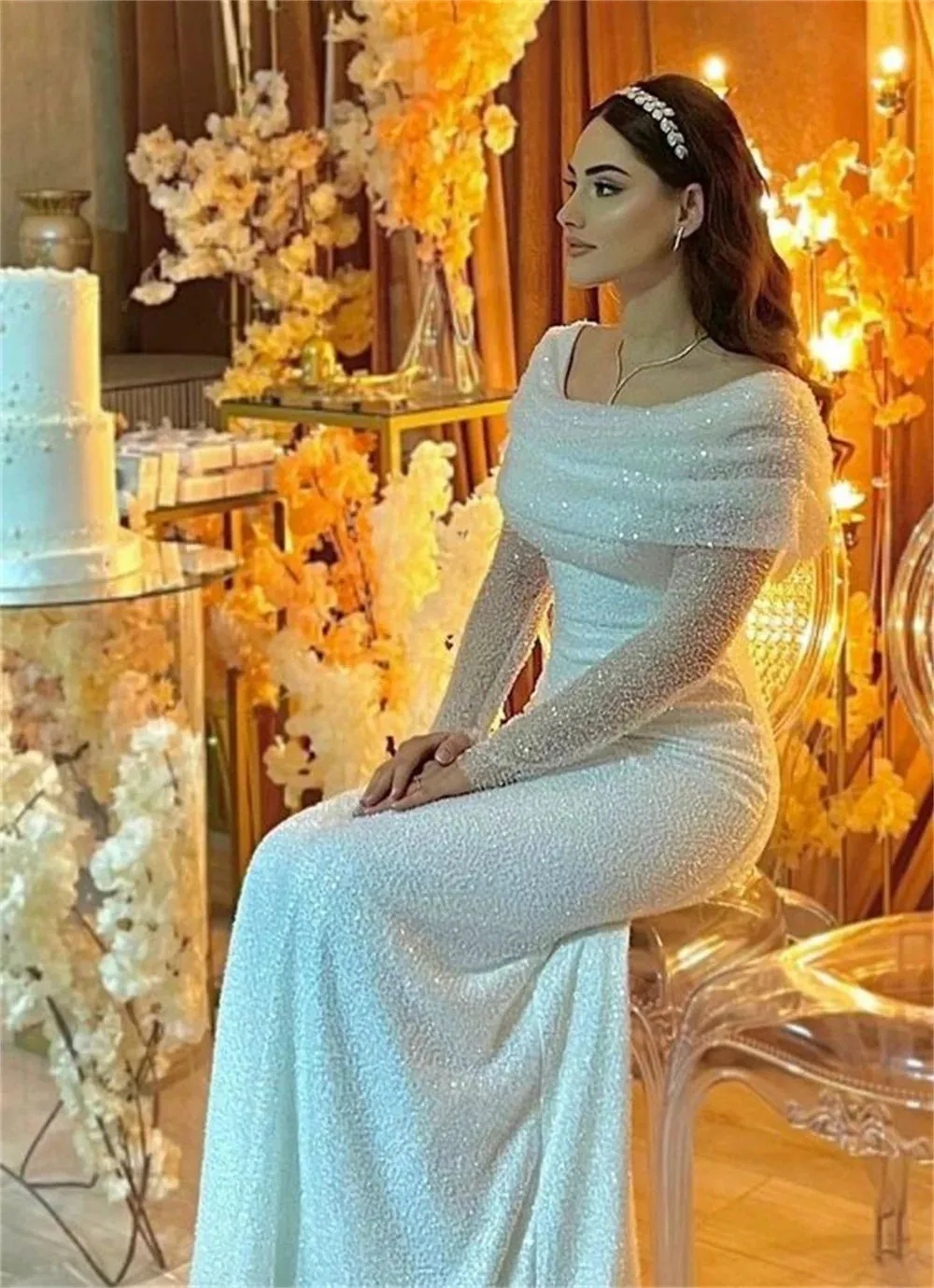 Luxury Beading Mermaid Wedding Dress Glitter Sequins Long Sleeves Shiny Sequins Robes De Soirée