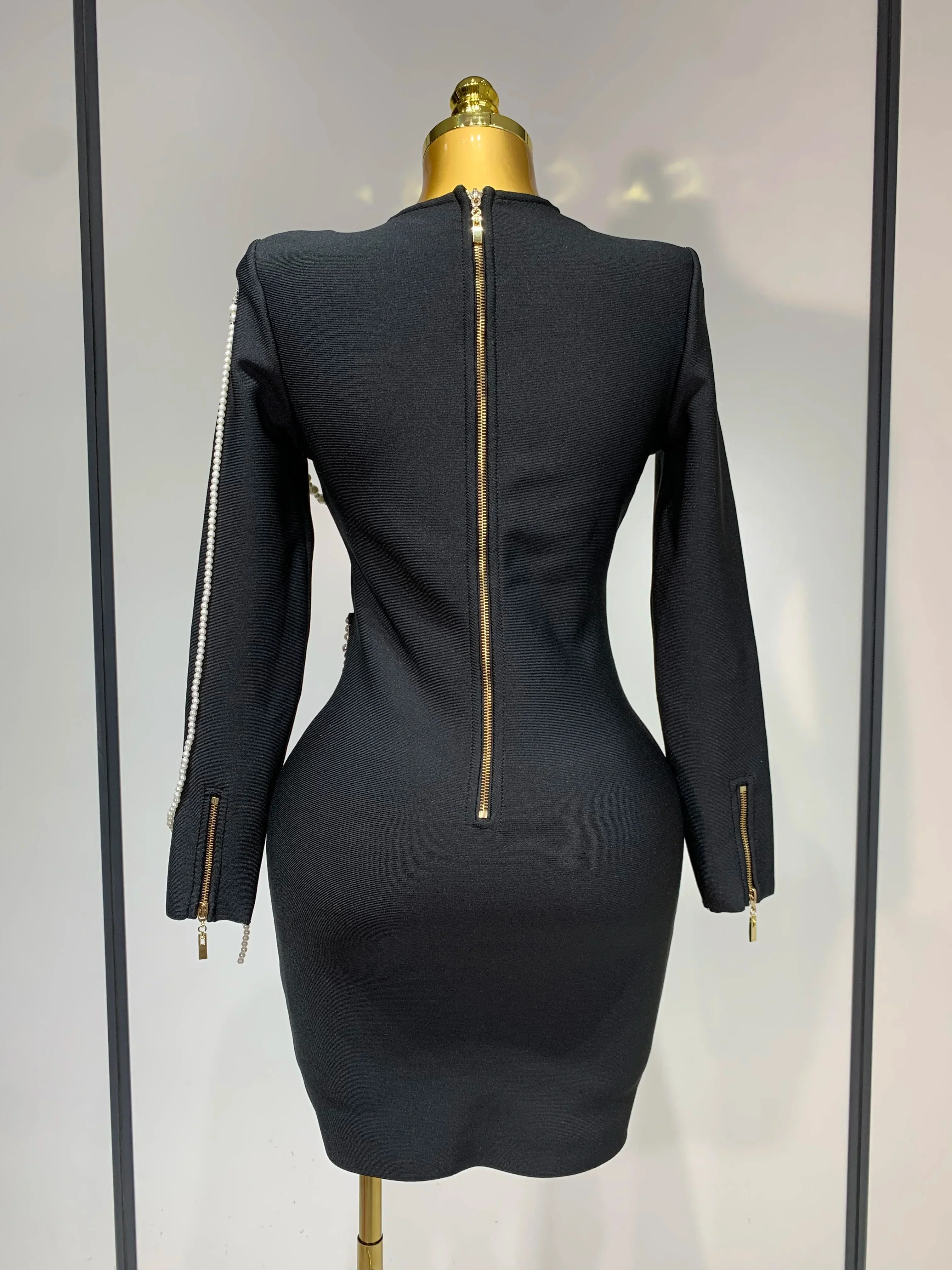 Luxury Birthday Dress Women Beading Diamond Black Bodycone Bandage Wrapped Hip Dress Elegant Long Sleeves Evening Party Gown - Image 4