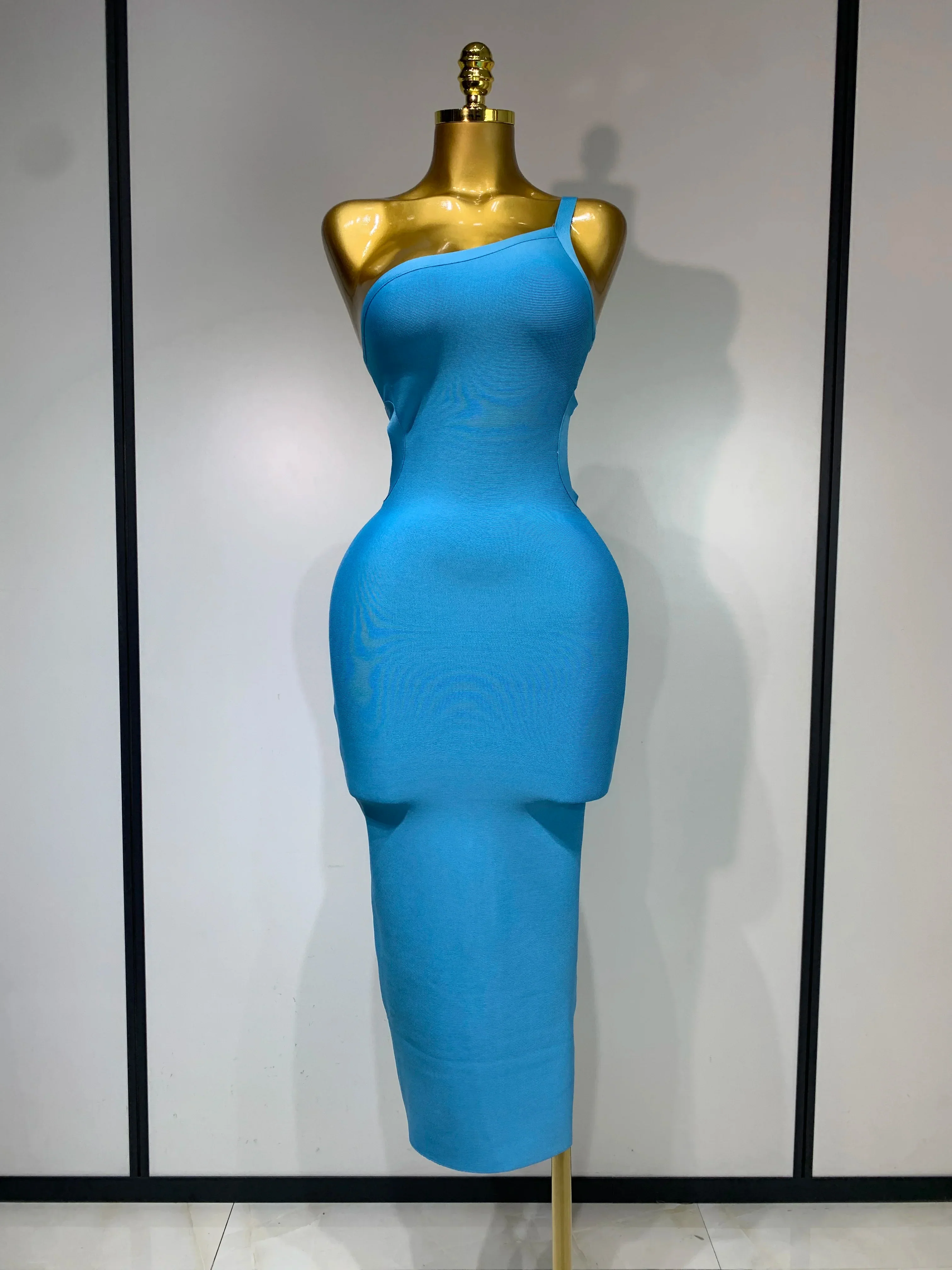 Luxury Birthday Dress Women Blue Bodycon Bandage Dress One Shoulder Sleeveless Backless Dress Cocktail Evening Party Vestidos