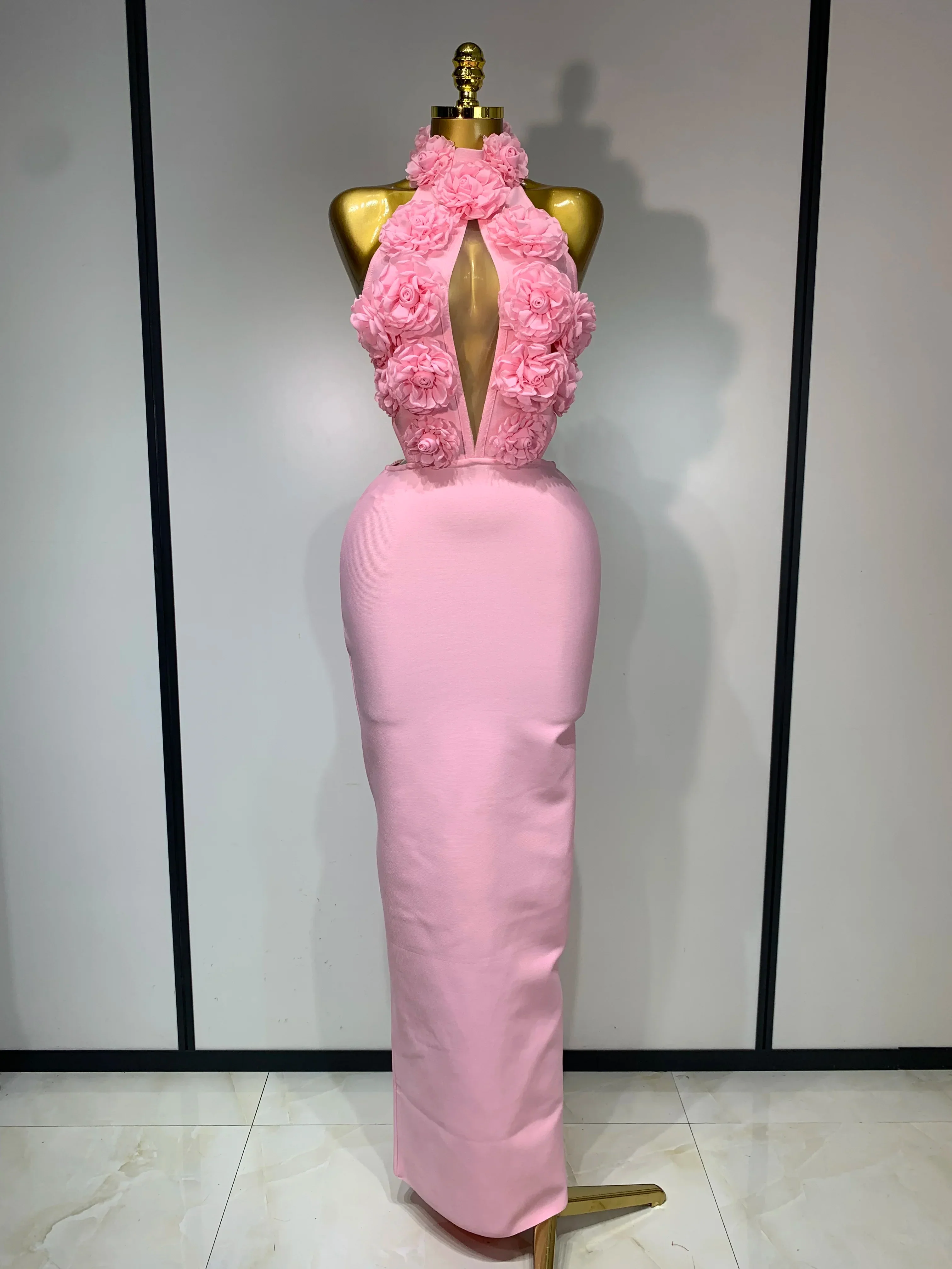 Luxury Birthday Dress Women Celebrity Sexy Halter Backless Flower Long Bandage Bodycon Dress Elegant Evening Party Outfit 