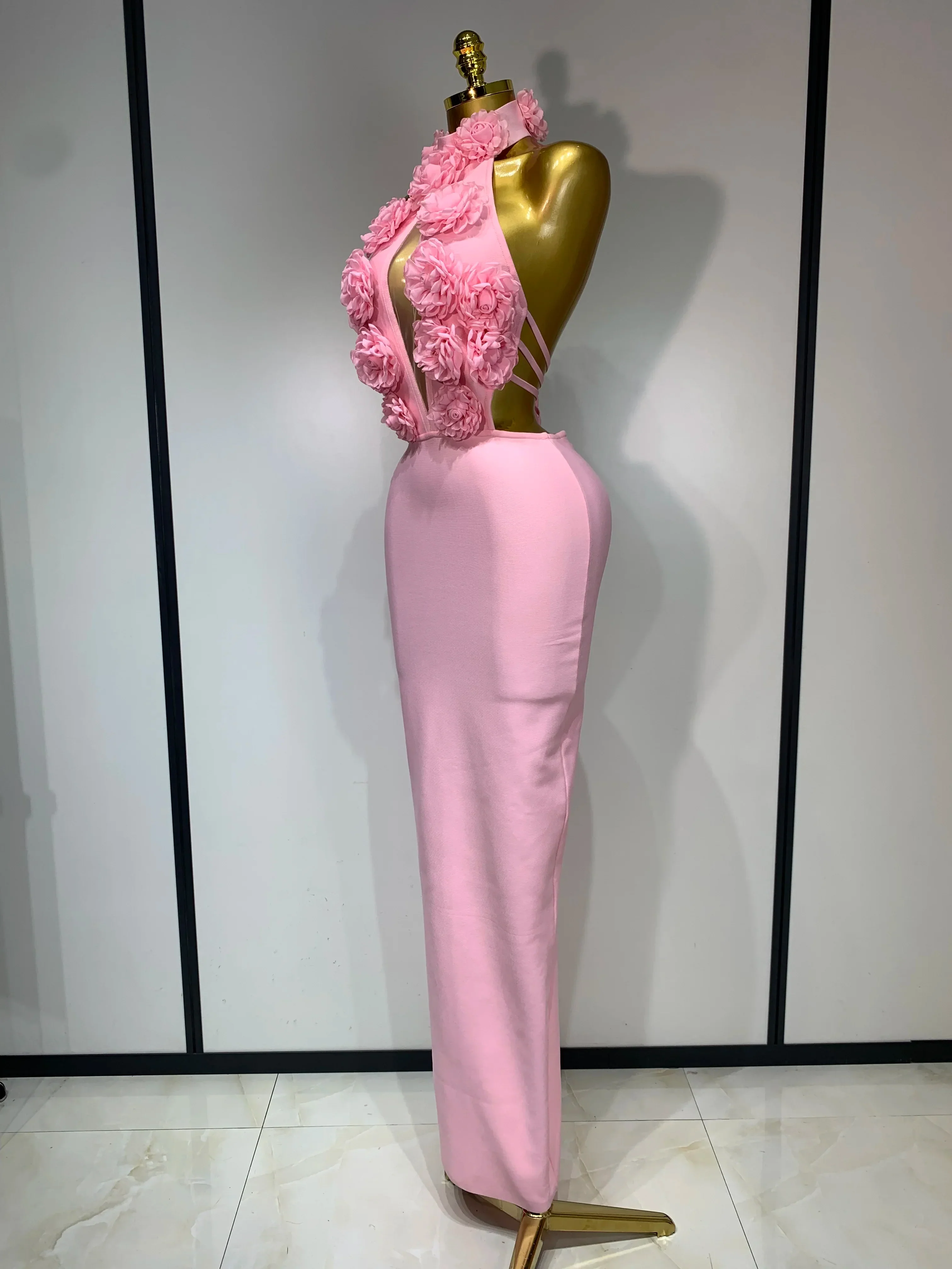 Luxury Birthday Dress Women Celebrity Sexy Halter Backless Flower Long Bandage Bodycon Dress Elegant Evening Party Outfit - Image 2