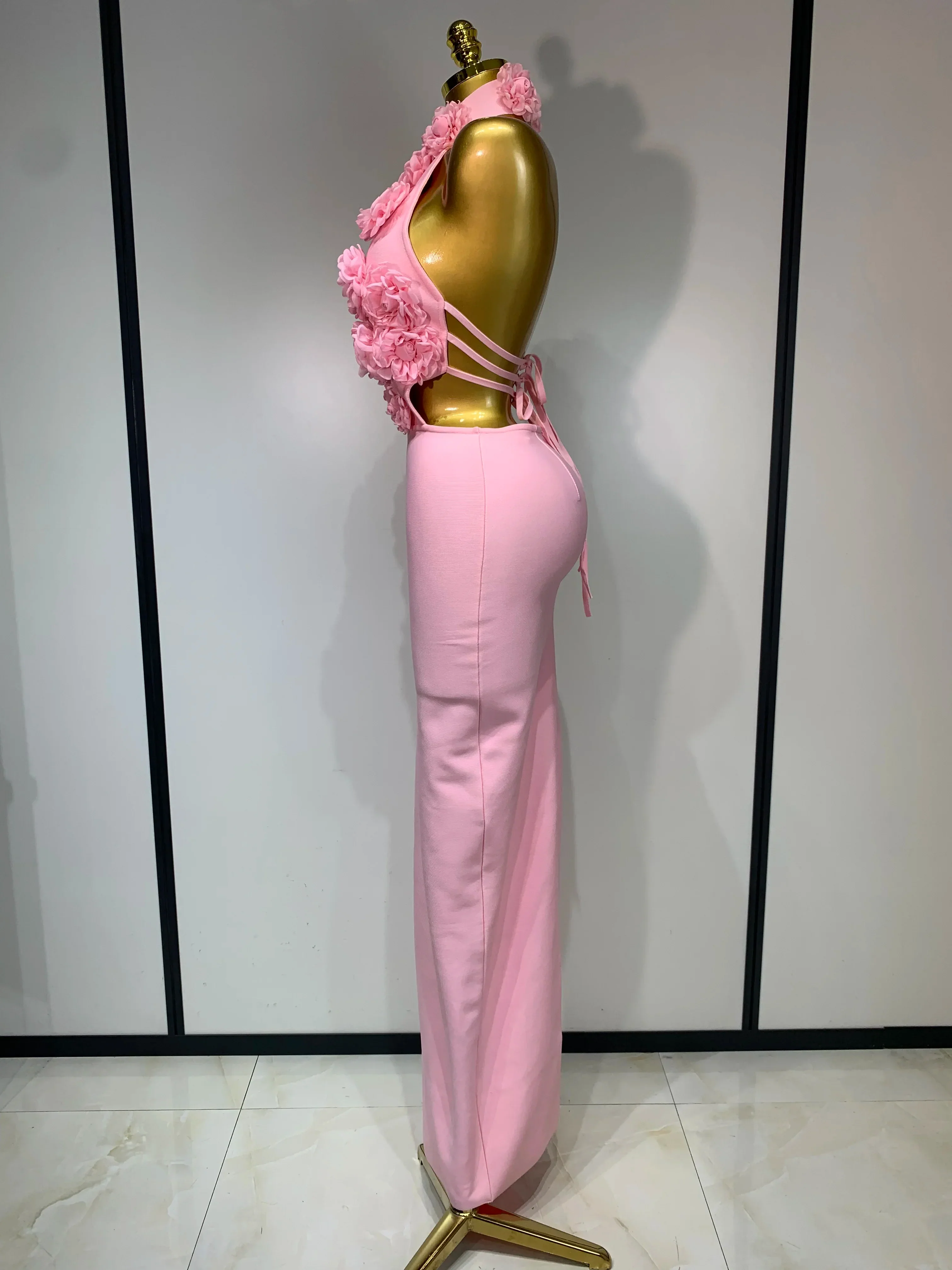 Luxury Birthday Dress Women Celebrity Sexy Halter Backless Flower Long Bandage Bodycon Dress Elegant Evening Party Outfit - Image 3
