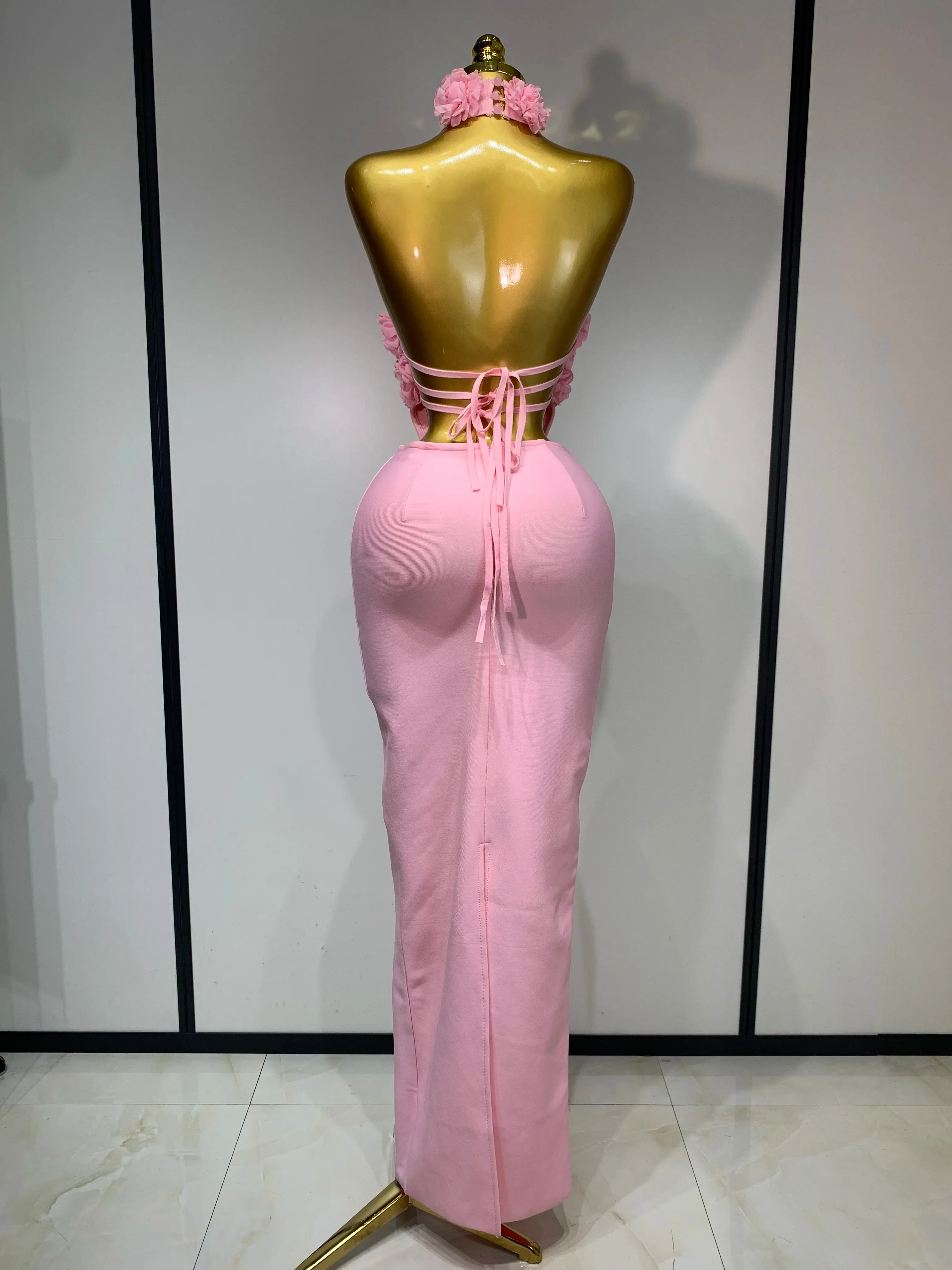 Luxury Birthday Dress Women Celebrity Sexy Halter Backless Flower Long Bandage Bodycon Dress Elegant Evening Party Outfit - Image 4
