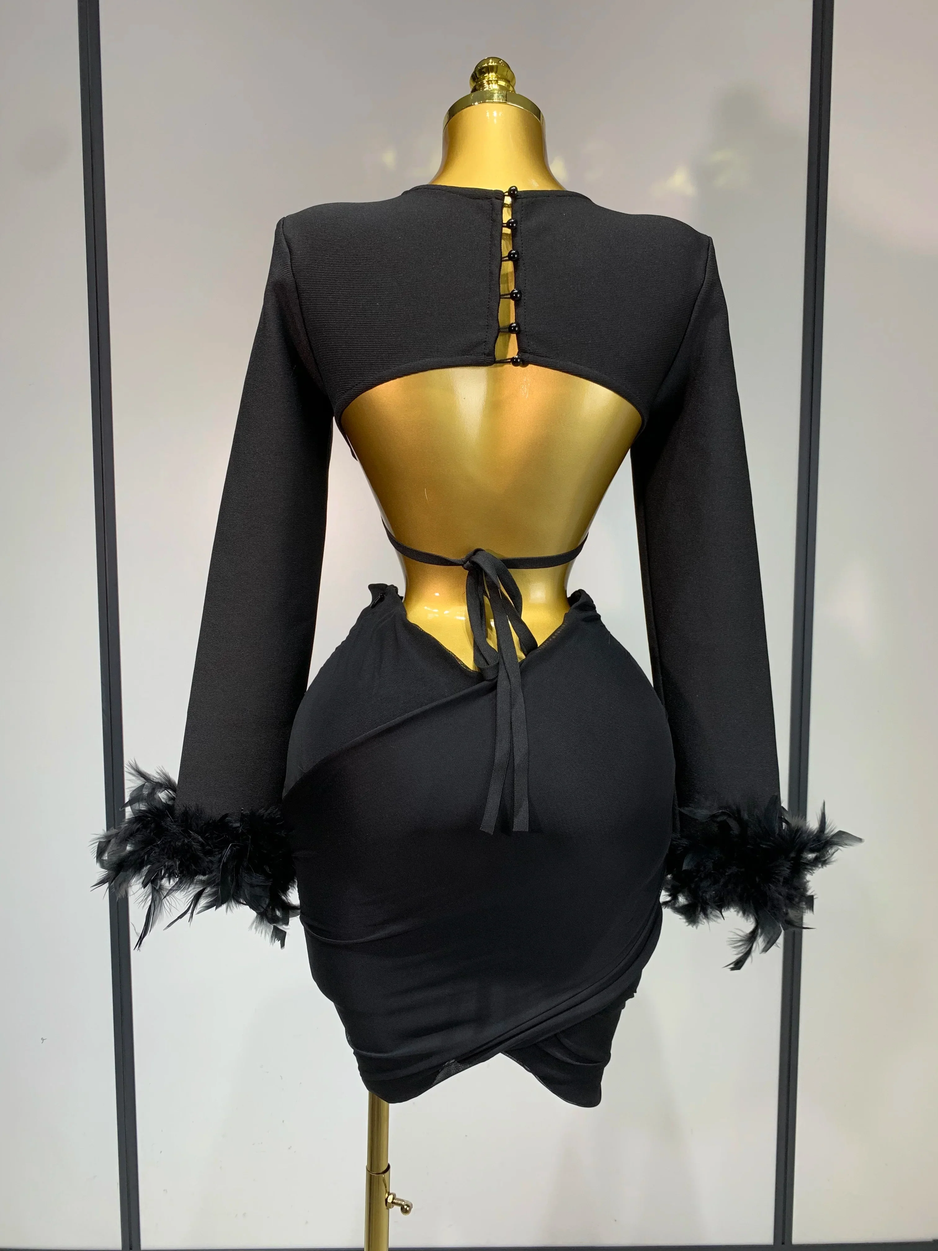 Luxury Birthday Dress Women Sexy Long Sleeve Feather Black Mesh Mini Bodycon Bandage Dress Elegant Evening Club Party Dress ﻿ - Image 4
