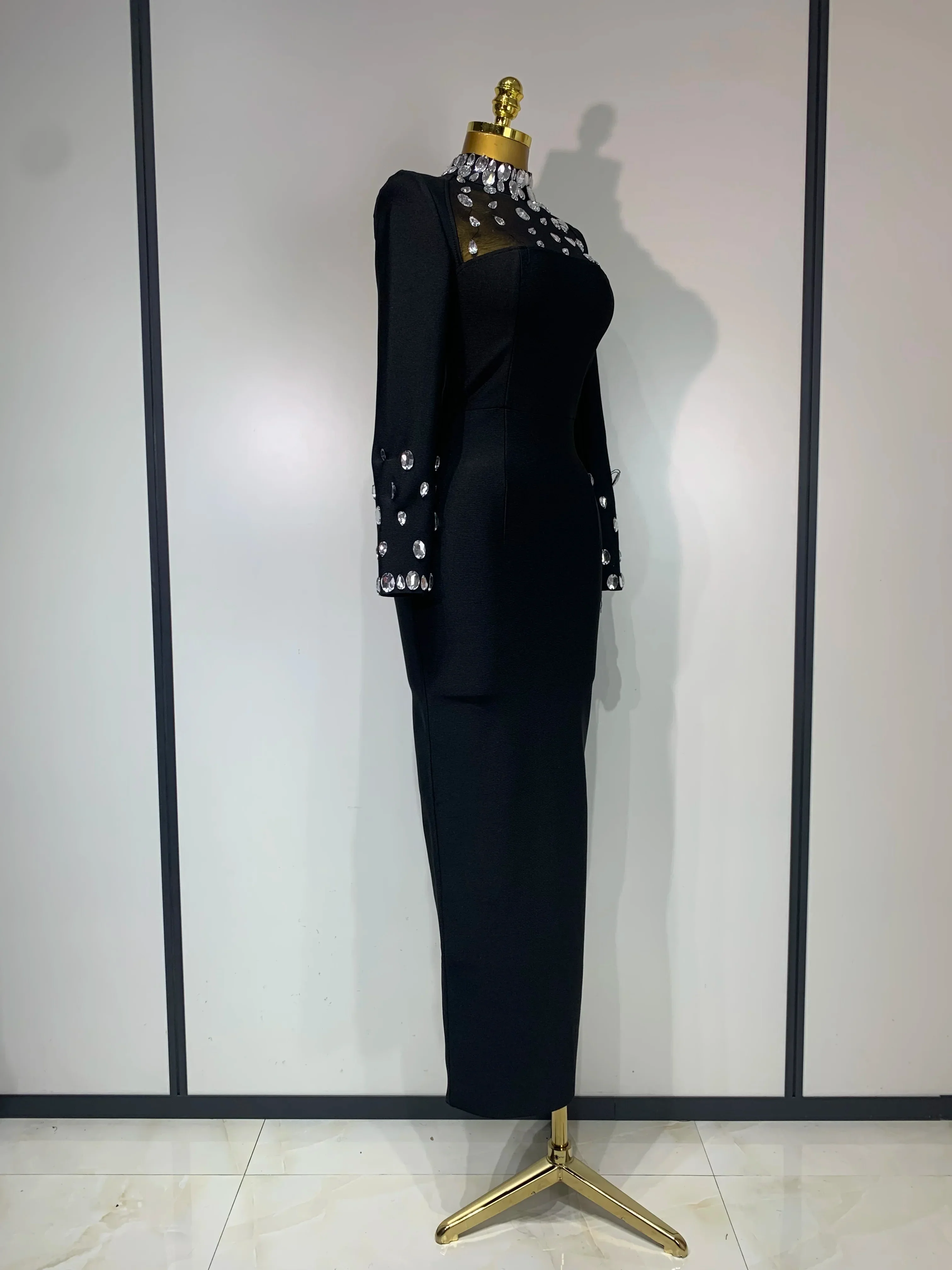 Luxury Birthday Dresses Sparkly Diamond Long Sleeve Black Bodycon Bandage Dress Women Wedding Evening Club Party Prom Gowns muslim - Image 3