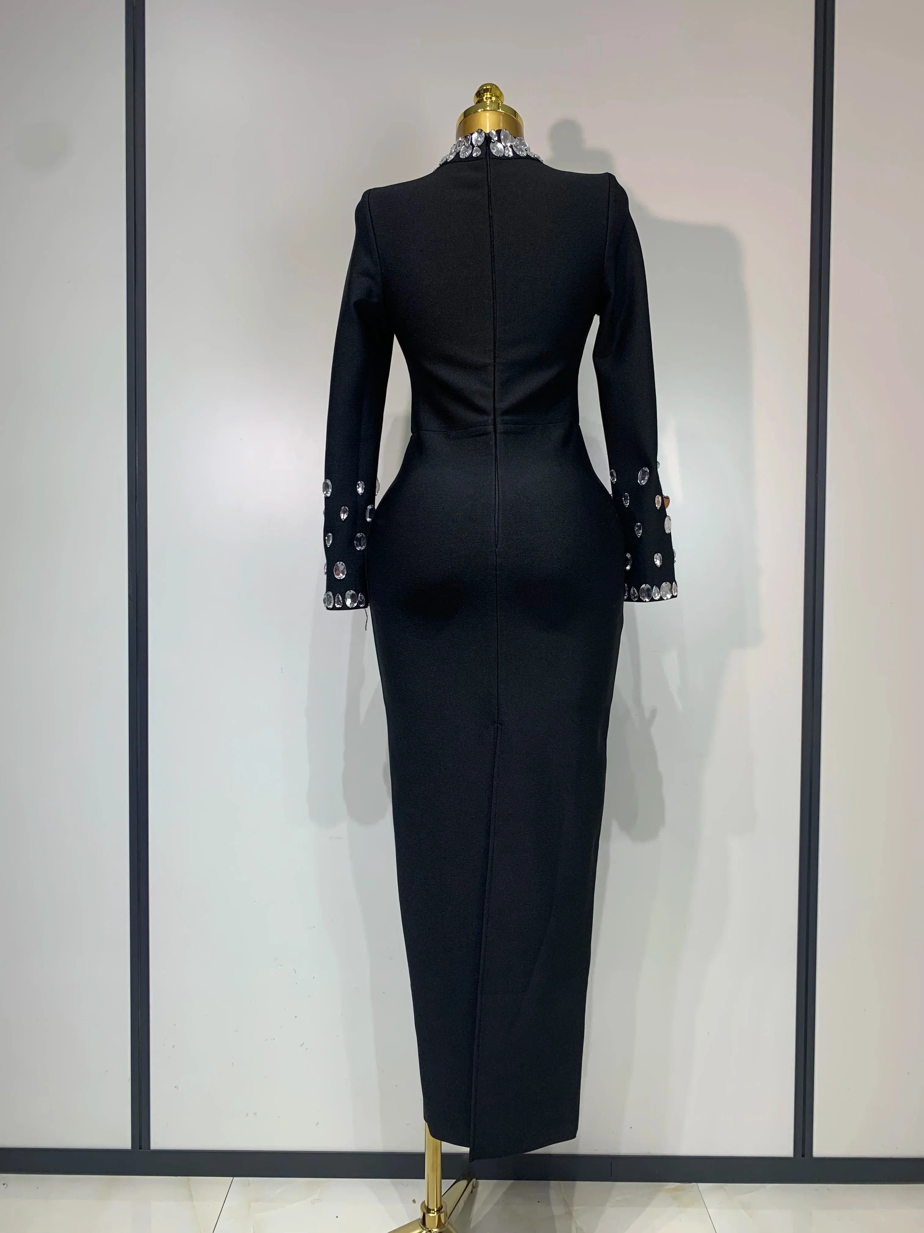 Luxury Birthday Dresses Sparkly Diamond Long Sleeve Black Bodycon Bandage Dress Women Wedding Evening Club Party Prom Gowns muslim - Image 4