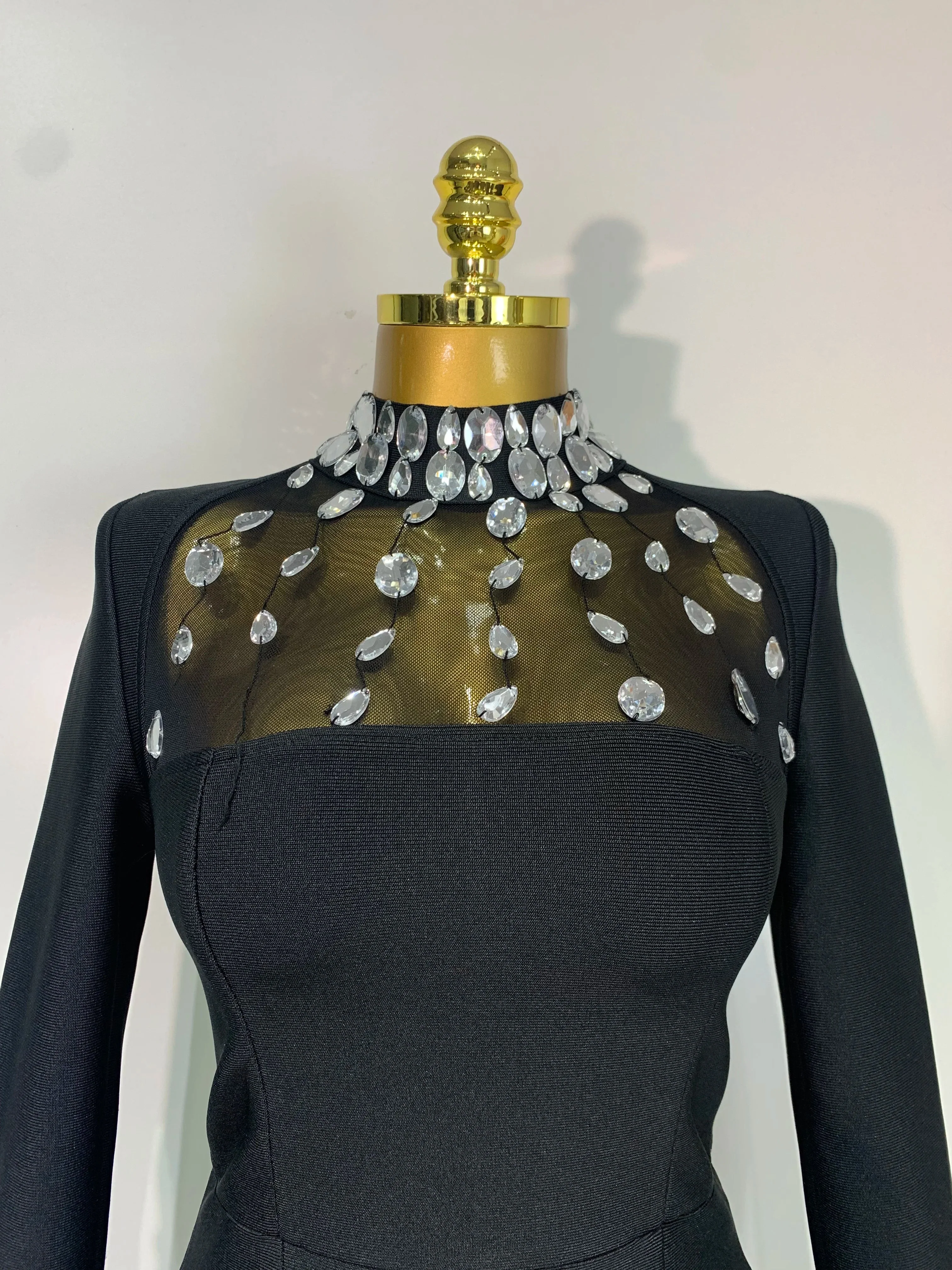 Luxury Birthday Dresses Sparkly Diamond Long Sleeve Black Bodycon Bandage Dress Women Wedding Evening Club Party Prom Gowns muslim - Image 5