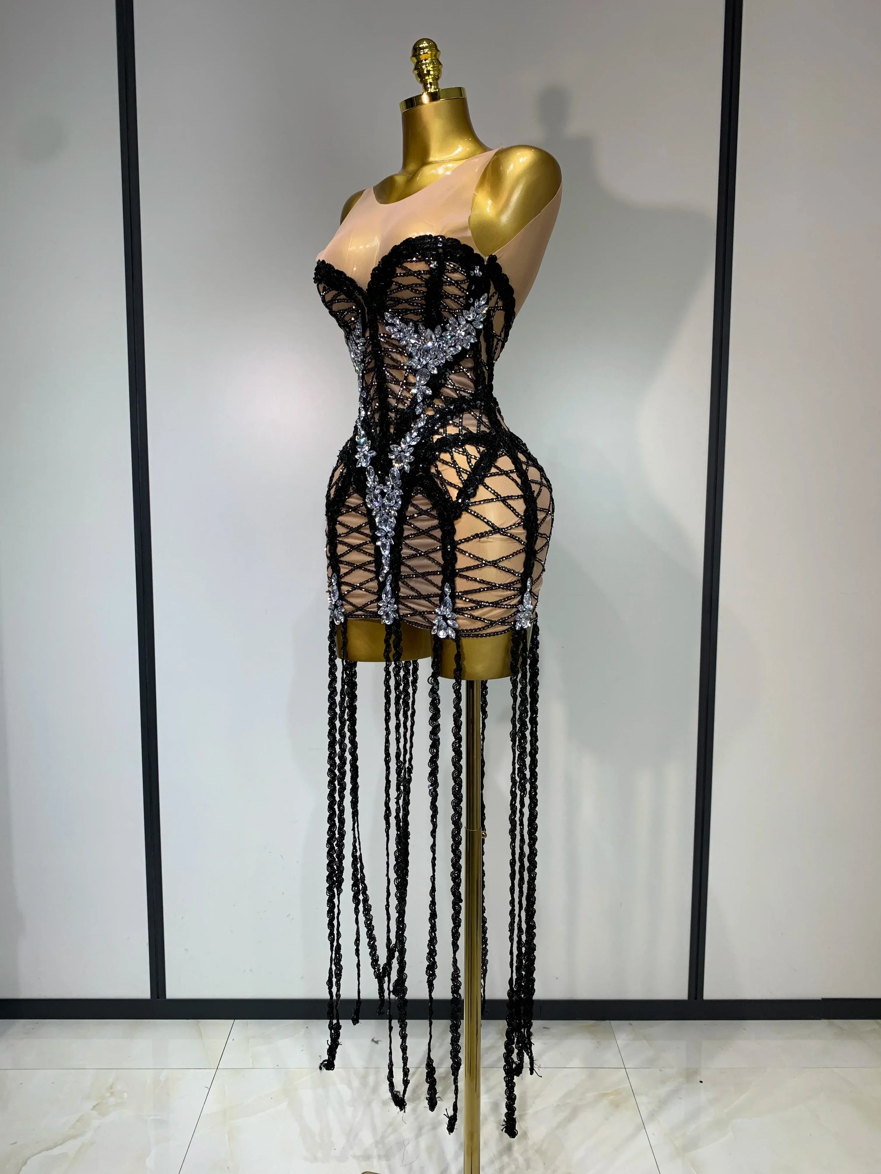 Luxury Birthday Sparkle Sequins Diamonds Long Tassel Sleeveless Mini Dress Women Red Carpet Goddess Stage Performance Costume - Image 2