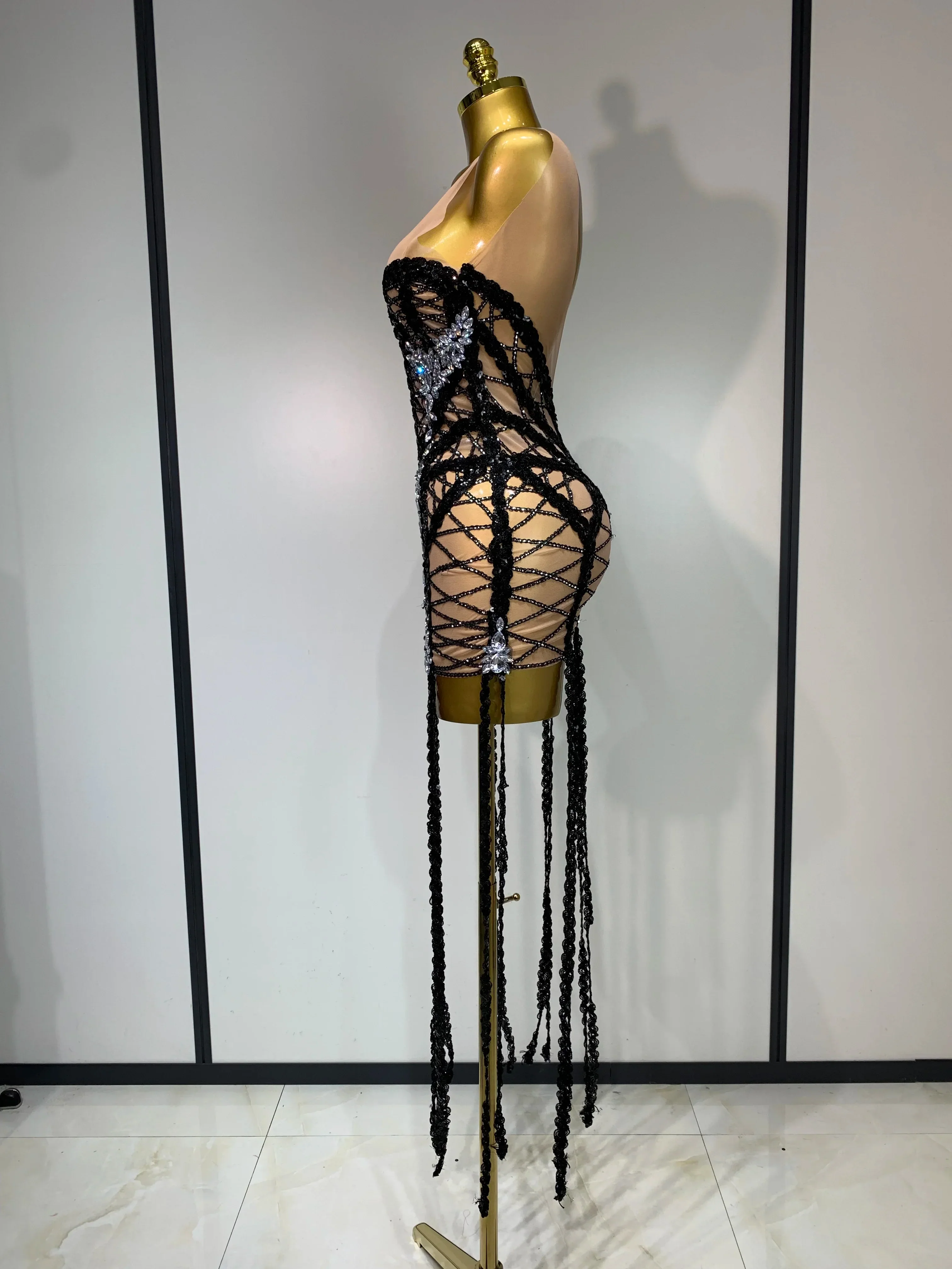 Luxury Birthday Sparkle Sequins Diamonds Long Tassel Sleeveless Mini Dress Women Red Carpet Goddess Stage Performance Costume - Image 3