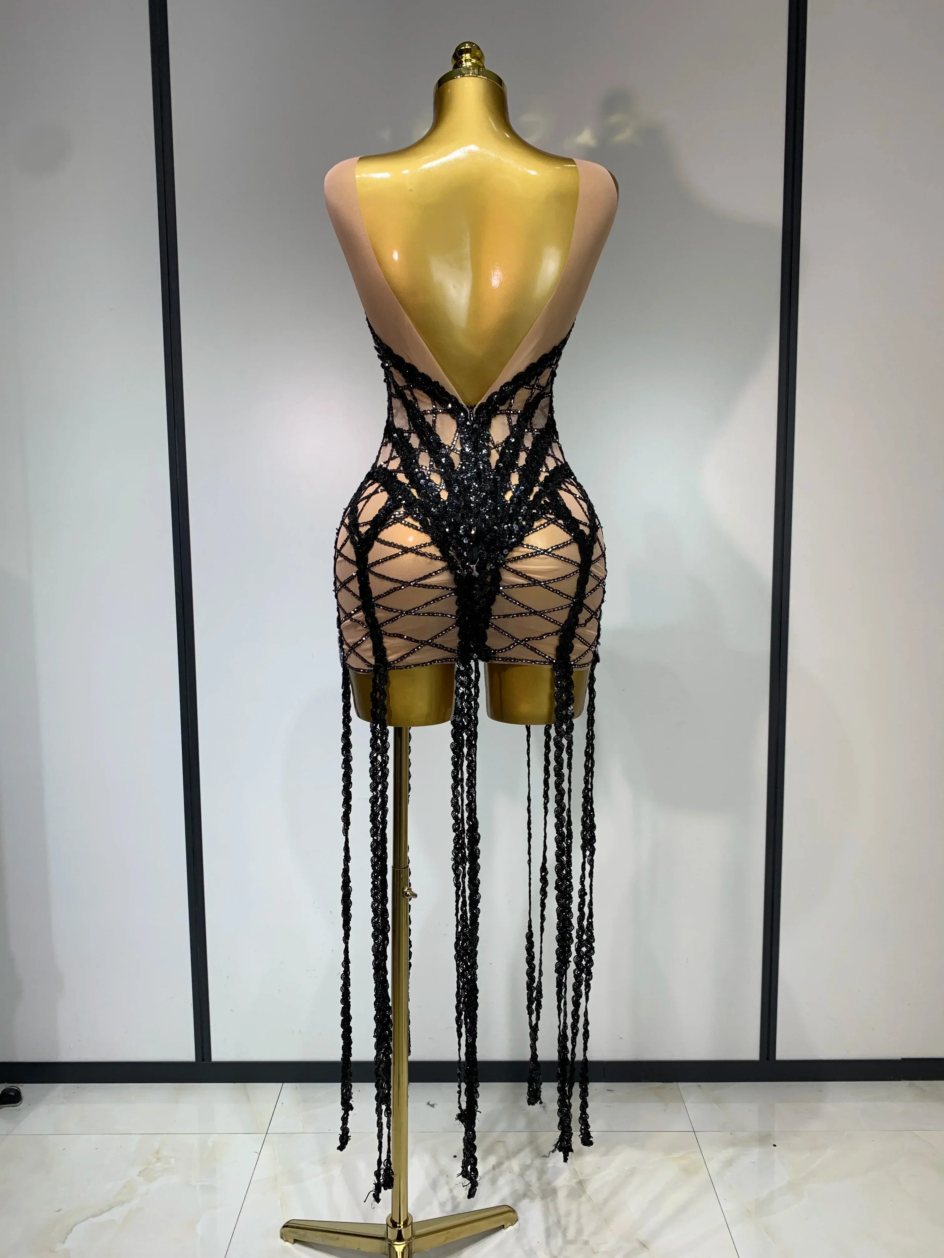 Luxury Birthday Sparkle Sequins Diamonds Long Tassel Sleeveless Mini Dress Women Red Carpet Goddess Stage Performance Costume - Image 4