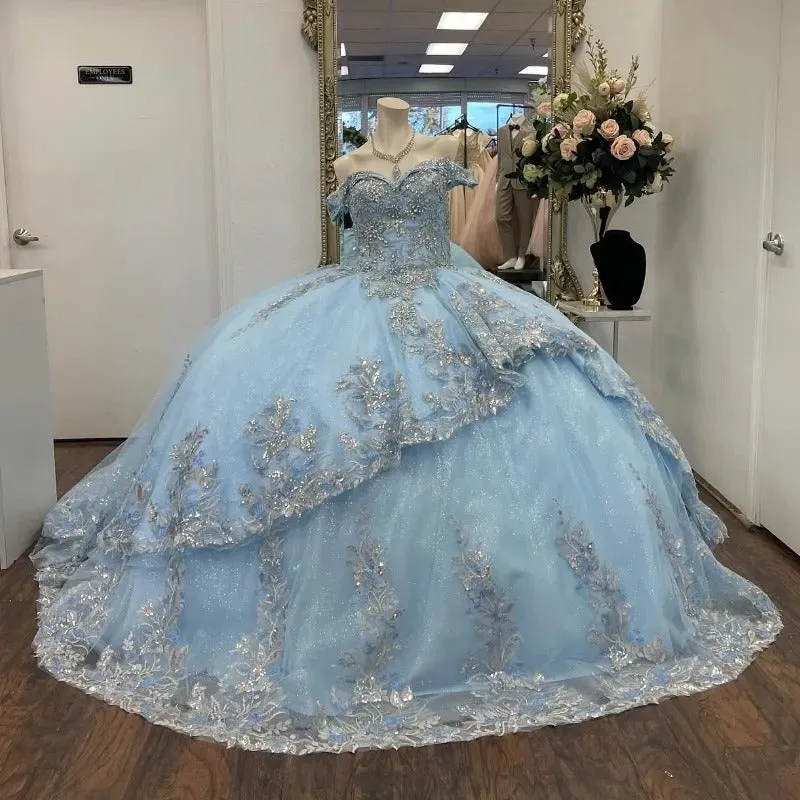 Luxury Blue Quinceanera Dresses Sliver Beading Lace Vestidos De 15 Anos Corset Birthday Princess Party Gowns - Image 3