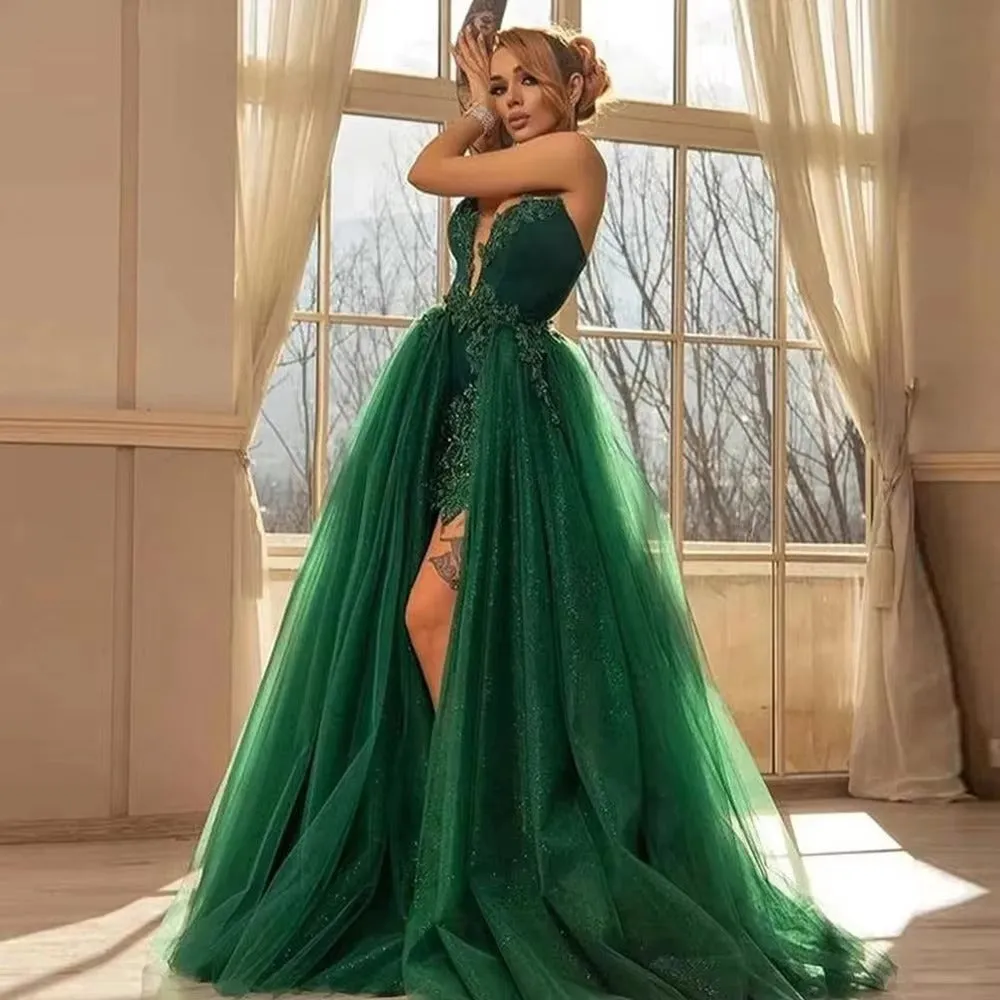 Luxury Cocktail Ball Gown Prom Dress Green Detachable Tail Formal Occasion Dresses Sweep Train Evening Dress - Image 3