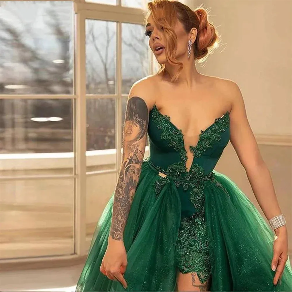 Luxury Cocktail Ball Gown Prom Dress Green Detachable Tail Formal Occasion Dresses Sweep Train Evening Dress - Image 4