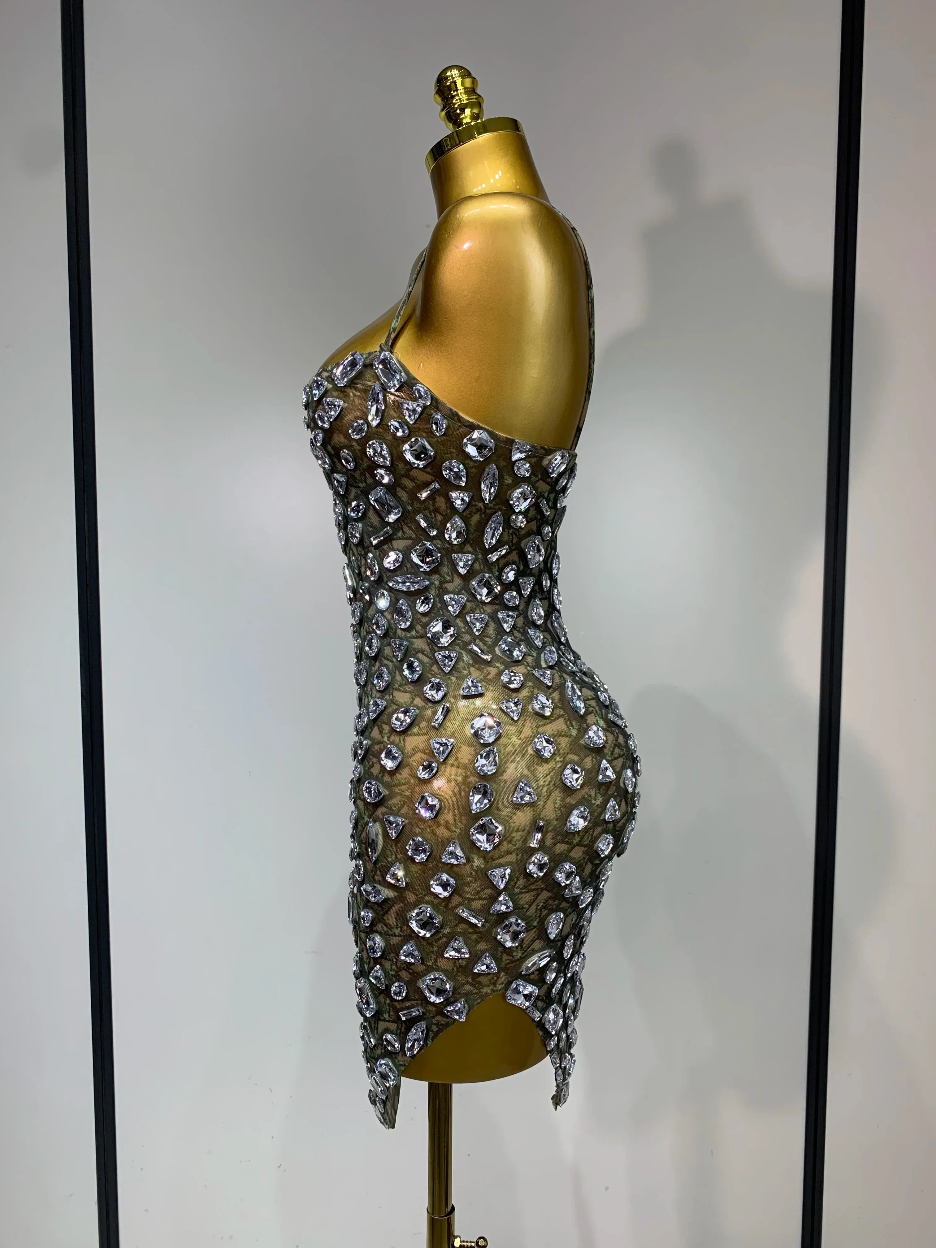 Luxury Diamond Mesh See Through Stretch Bodycon Dress Women Sexy Sleeveless Evening Party Birthday Celebrate Perform Costume - Image 3