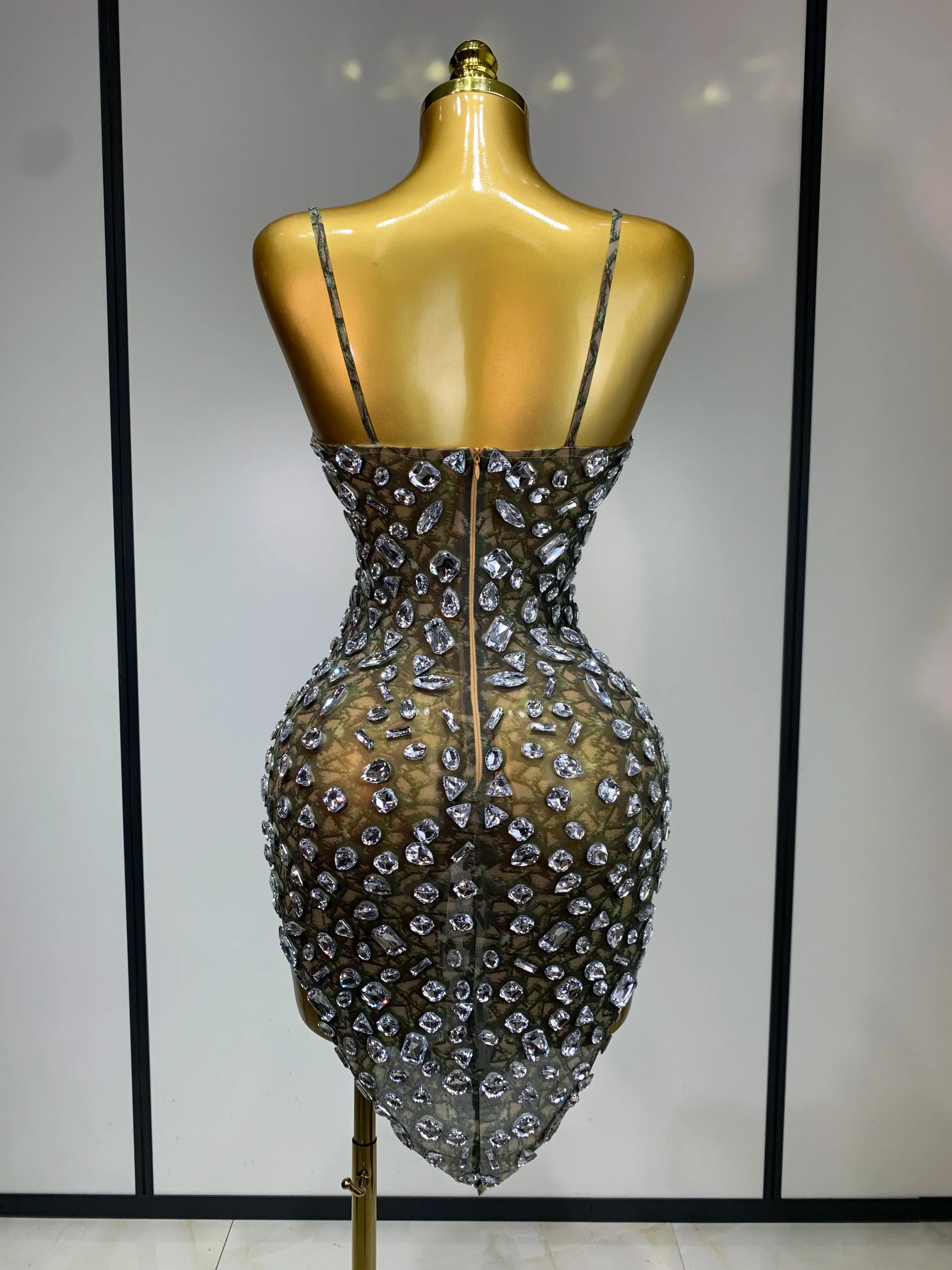 Luxury Diamond Mesh See Through Stretch Bodycon Dress Women Sexy Sleeveless Evening Party Birthday Celebrate Perform Costume - Image 4