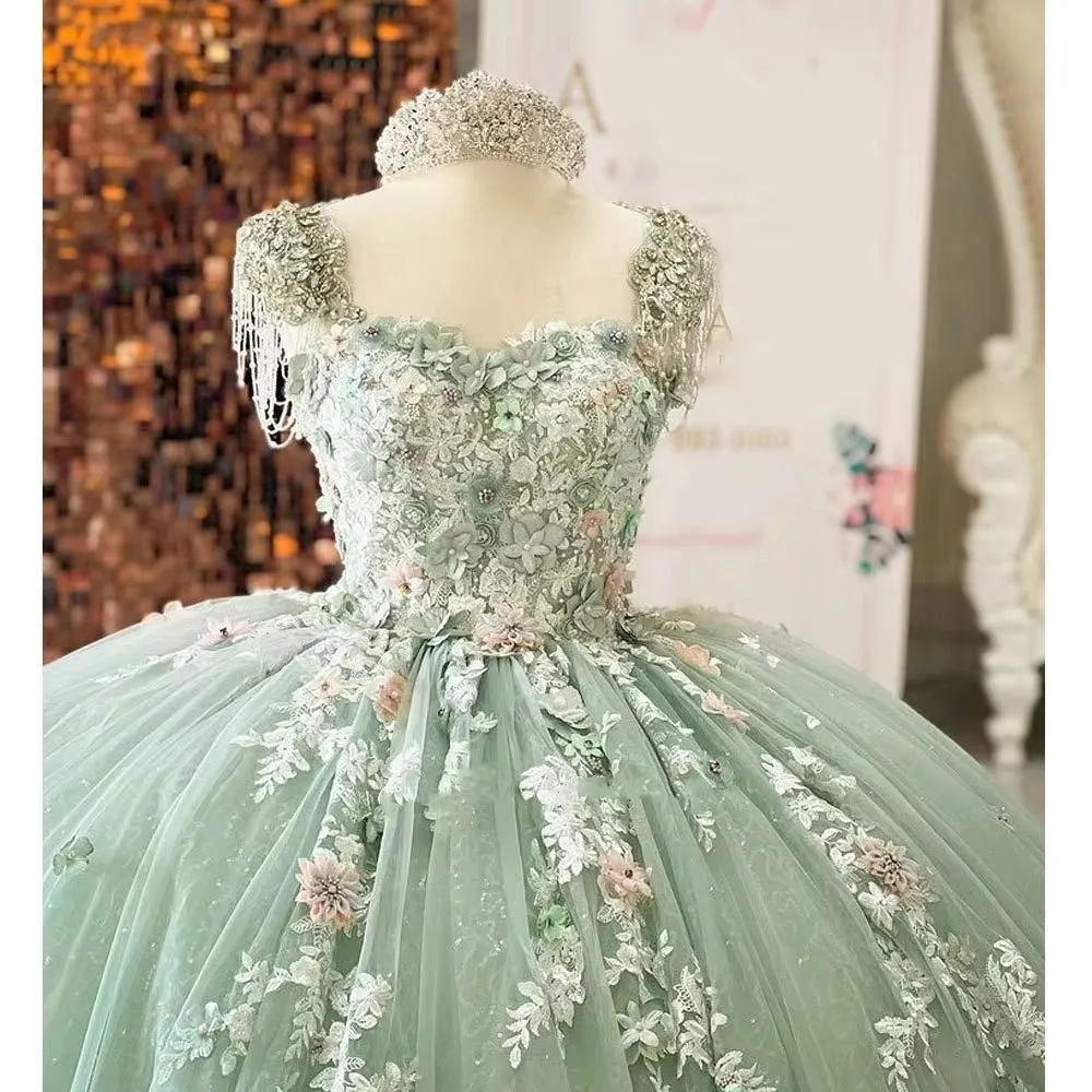 Luxury Green Quinceanera Dress Crystals 3D Floral Appliques Robes De Soirée Vestidos De 15 Anos Formal Birthday - Image 4