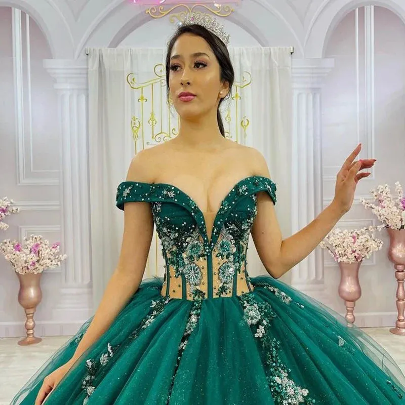 Luxury Green Quinceanera Dresses Glittering Vestidos De 15 Años Floral Beading Lace Formal Party Prom Ball Gown - Image 3