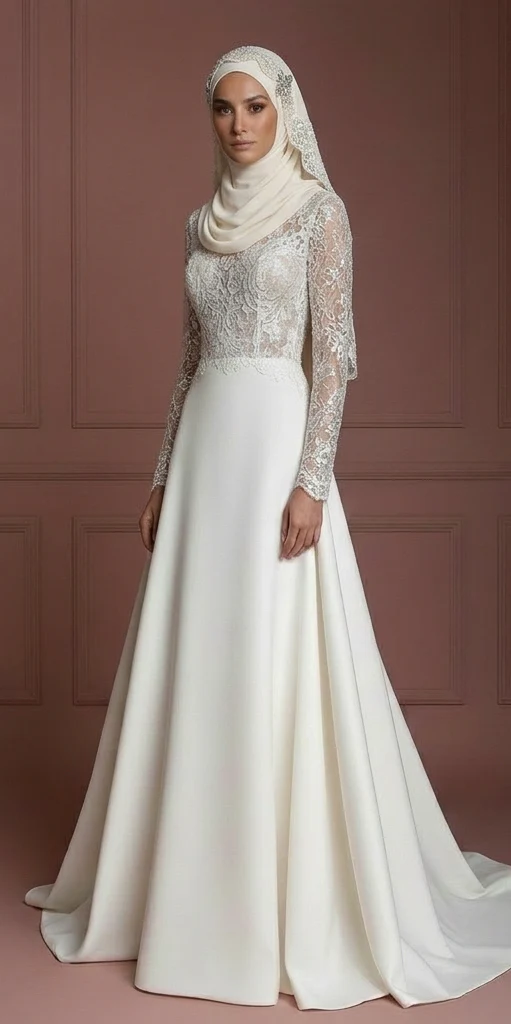Luxury Hijab Wedding Dress With Matching Bridal Hijab Muslim - Image 2