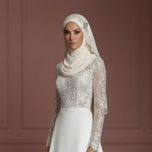 Luxury Hijab Wedding Dress With Matching Bridal Hijab Muslim - Image 4