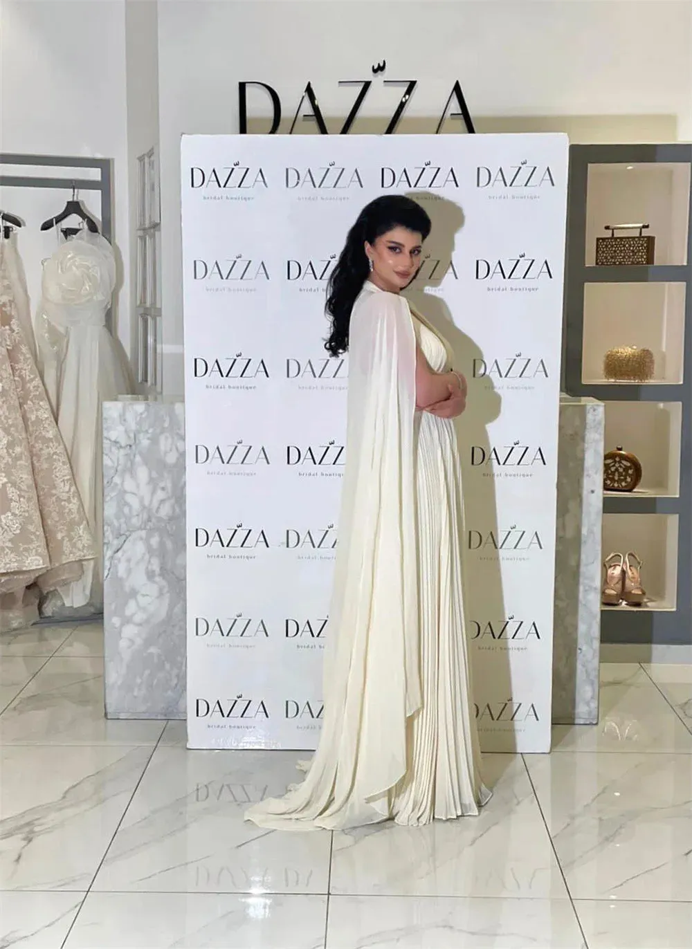 Luxury Ivory Cape Sleeve Chiffon Evening Dress Elegant V-neck A-line Party Dress Elegant فساتين مناسبة رسمية - Image 2