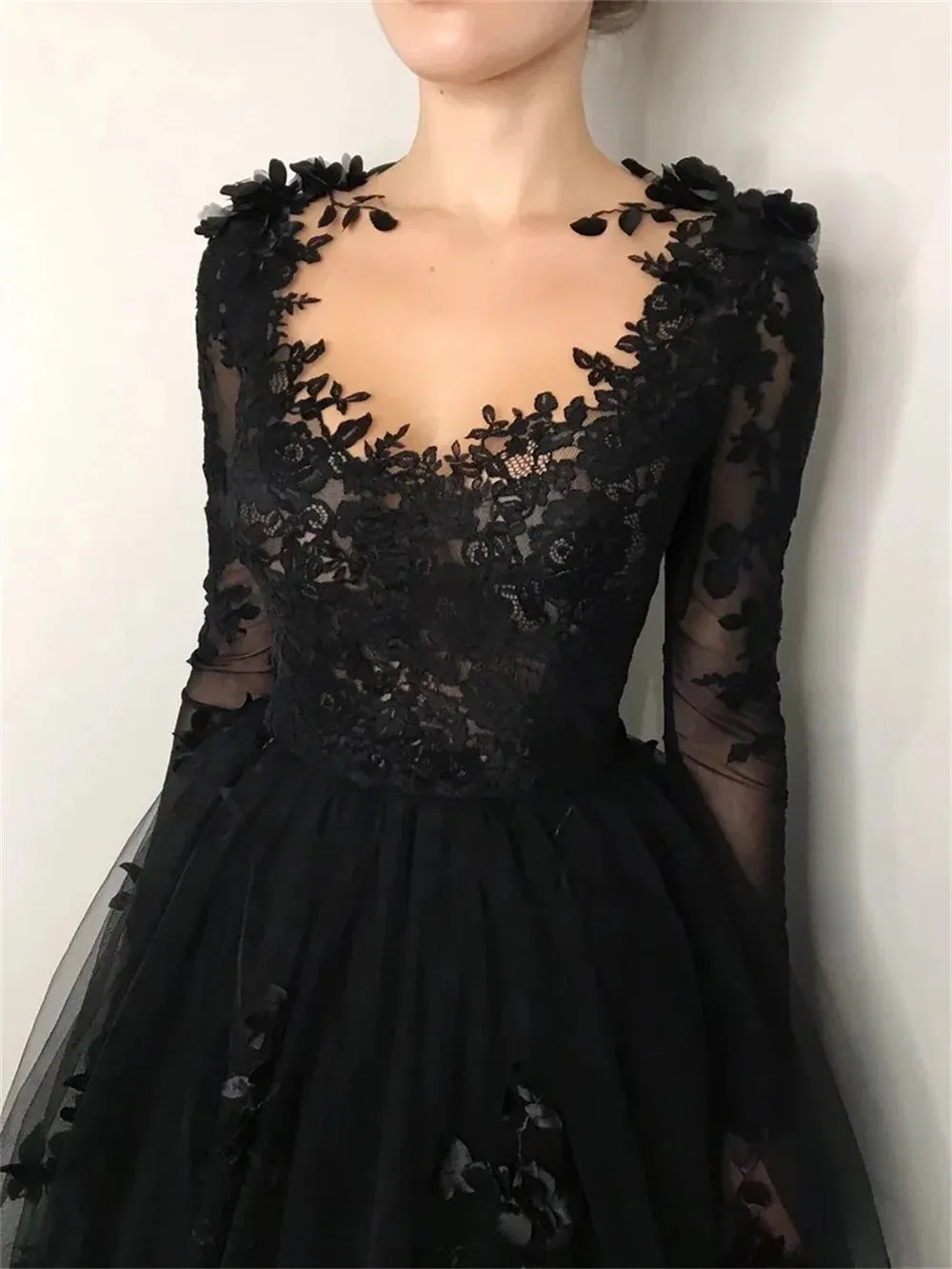 Luxury Lace Embroid Prom Dress Sexy Long Sleeve A-line Black 3D Flower Embroid Vestidos De Noche - Image 3