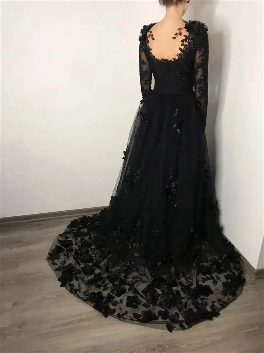 Luxury Lace Embroid Prom Dress Sexy Long Sleeve A-line Black 3D Flower Embroid Vestidos De Noche - Image 4