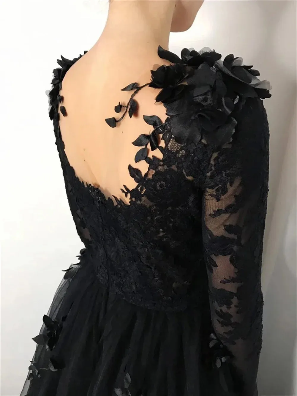 Luxury Lace Embroid Prom Dress Sexy Long Sleeve A-line Black 3D Flower Embroid Vestidos De Noche - Image 5
