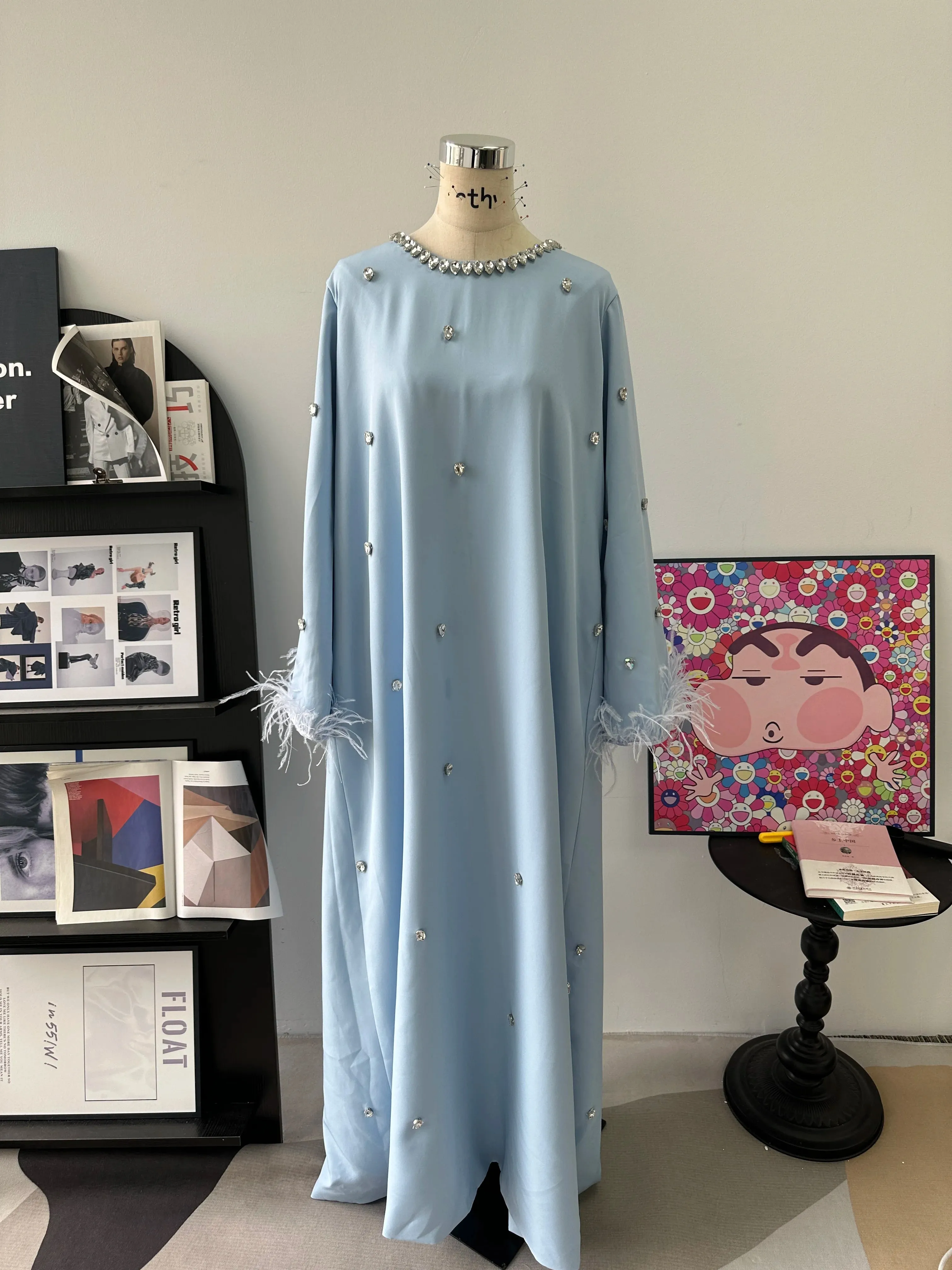 Luxury Light Blue Prom Dresses Shiny Sequin O-Neck Saudi Arabia Elegant Long Sleeves with Feathers Vestidos De Fiesta - Image 3