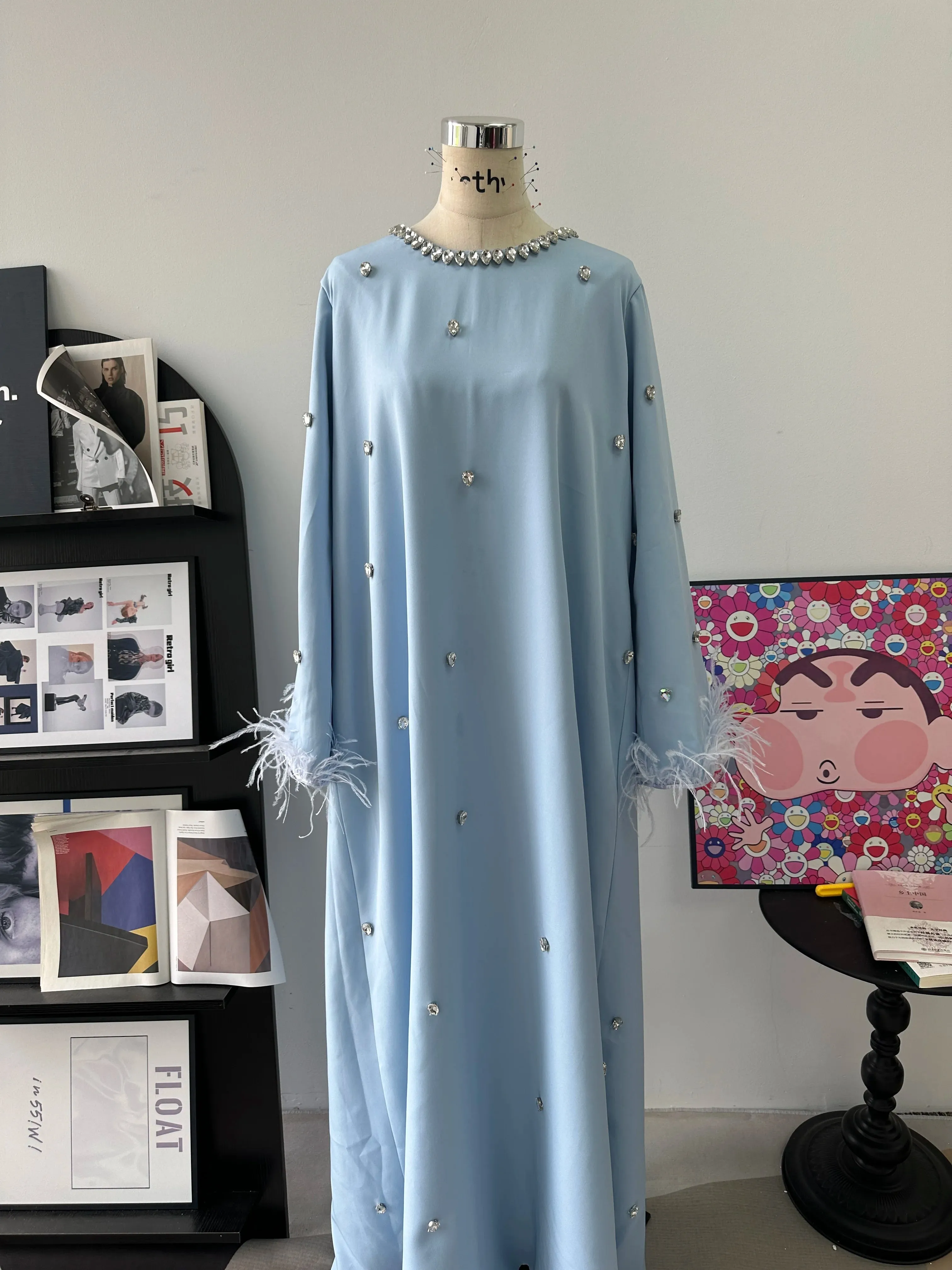 Luxury Light Blue Prom Dresses Shiny Sequin O-Neck Saudi Arabia Elegant Long Sleeves with Feathers Vestidos De Fiesta - Image 4