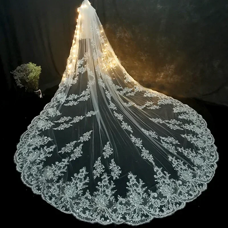 Luxury Long Bridal Veil White Ivory Wedding Veils with Comb Lace Edge Applique Elegant Cathedral Length Wedding Accessories - Image 3