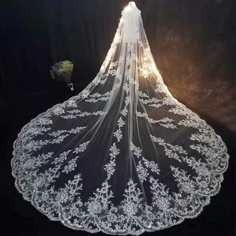 Luxury Long Bridal Veil White Ivory Wedding Veils with Comb Lace Edge Applique Elegant Cathedral Length Wedding Accessories - Image 4